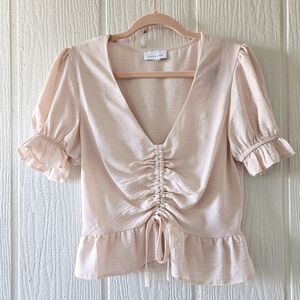 TOPSHOP Peach V Neck Peasant Top Ruched Tie Cropped Short Sleeve Cottage Medium